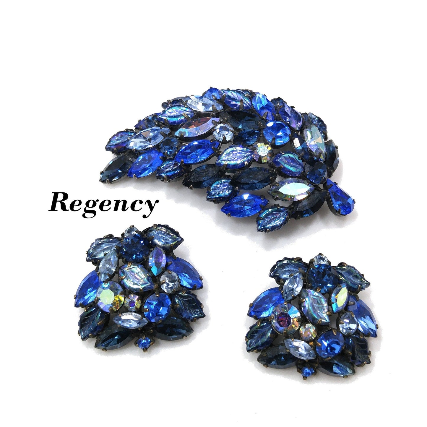 Regency 1950s Blue Rhinestone Brooch Earrings Set Art Glass Leaf Vintage