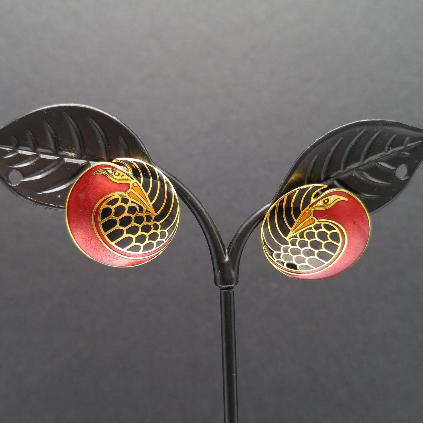 Vintage Laurel Burch "Mynah Bird" Post Earrings, Red Black Enamel, Gold Plated