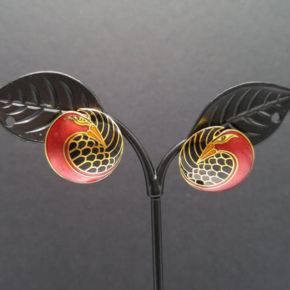 Vintage Laurel Burch "Mynah Bird" Post Earrings, Red Black Enamel, Gold Plated