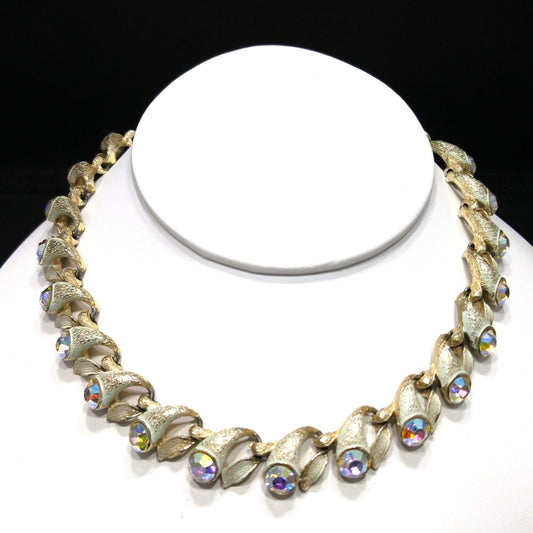 Brushed Gold Tone White Enamel Choker Necklace, Aurora Borealis Rhinestones, 1960s Vintage Jewelry