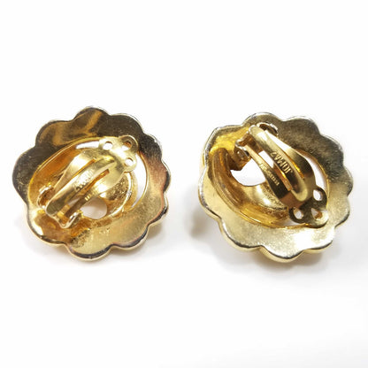 Vintage Jomaz Gold Plated Rhinestone Clip Earrings, Scalloped Edges, 1940s