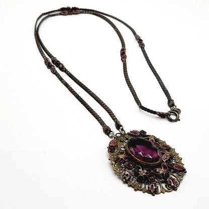 Antique Victorian Purple Glass Enamel Filigree Pendant Necklace, 27 Inches