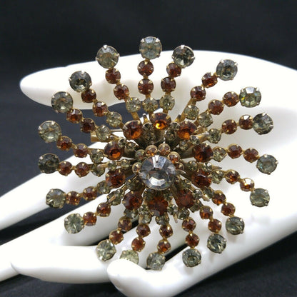 Vintage 1950s Rhinestone Flower Brooch Large Gray Topaz Floral Burst Pin
