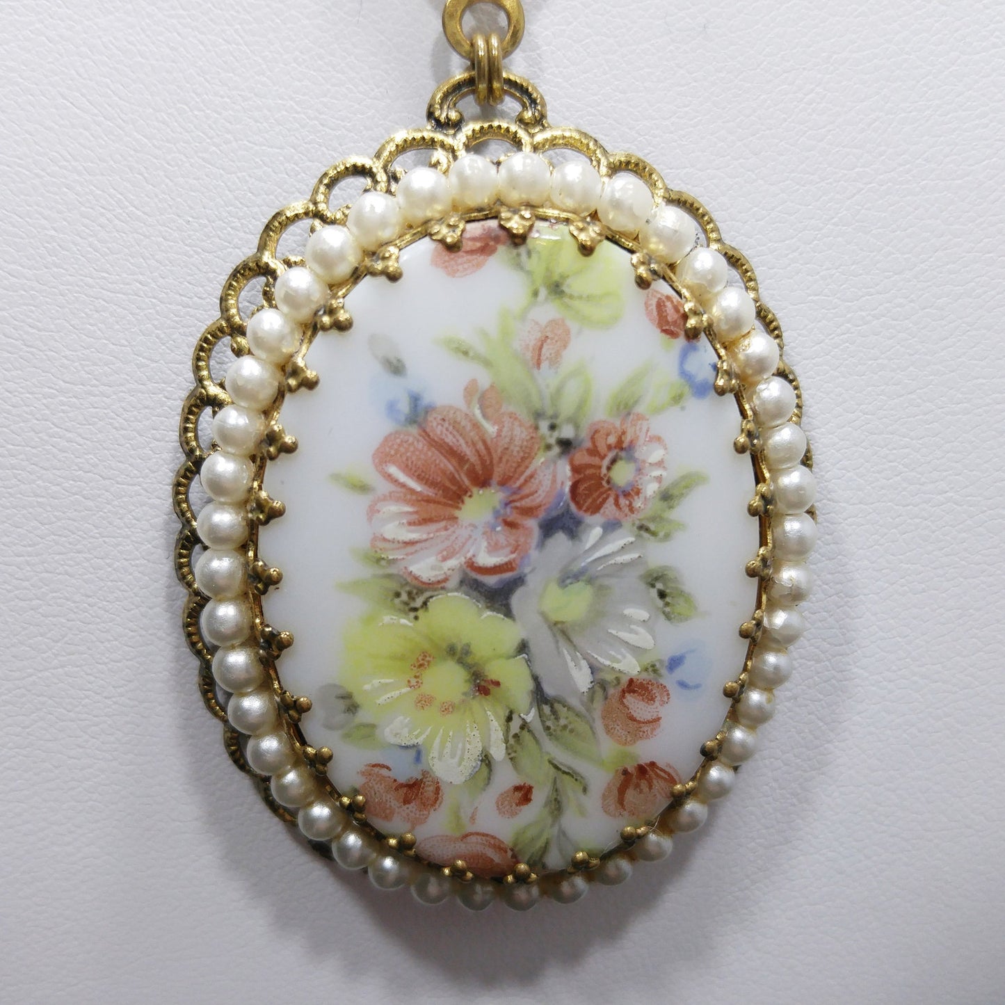 West Germany Floral Ceramic Pendant Necklace, Faux Pearls, 1960s Vintage Jewelry