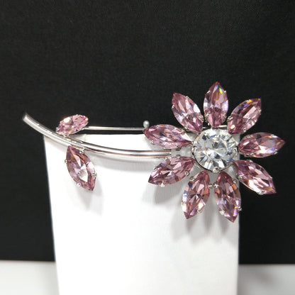 Swarovski Pink Crystal Flower Brooch, Clear Center, Swan Logo