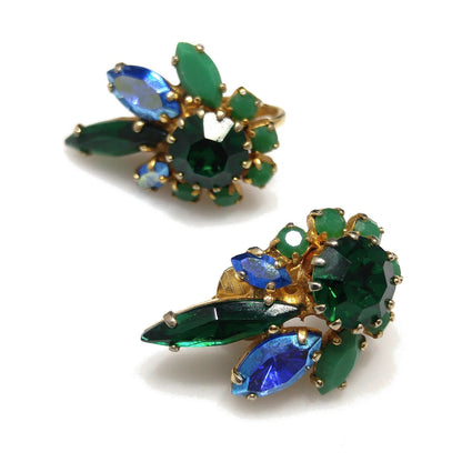 Sherman Green & Blue Rhinestone Earrings, Gold Plated, 1960s Vintage Jewelry