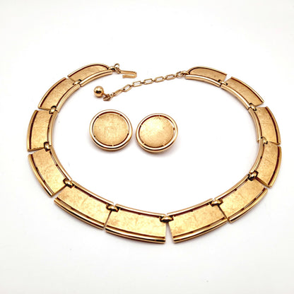 Vintage Trifari Satin Finish Gold Plated Choker Clip Earrings Set