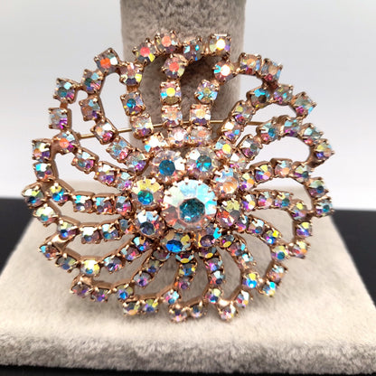 Mid-Century Aurora Borealis Rhinestone Brooch, Gold Plated, 1960s Vintage Jewelry