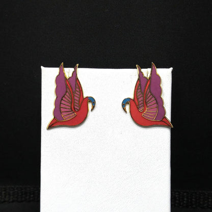 Laurel Burch "Swan" Cloisonné Post Earrings, Red Purple Pink Blue Enamel, Gold Plate, 1980s Vintage Jewelry