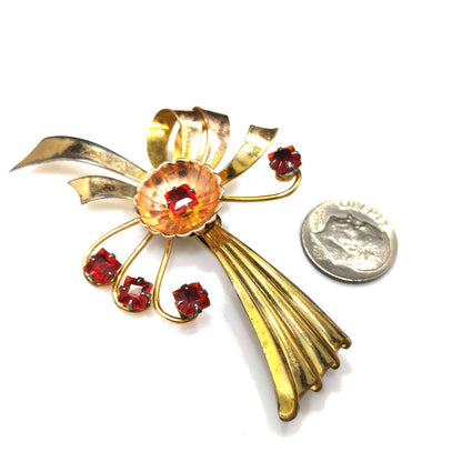 Gold Filled Bow Flower Brooch, Red Rhinestones, 1940s Vintage Jewelry
