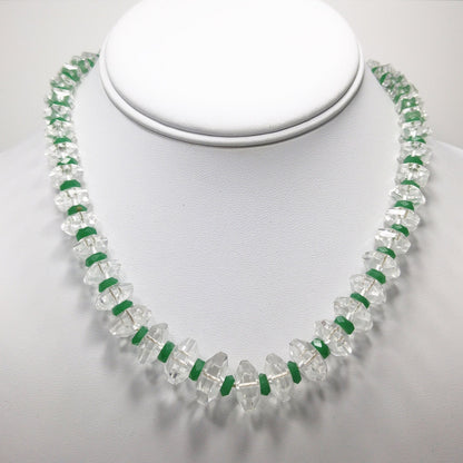 Art Deco Clear Quartz Beaded Necklace, Green Glass Spacer Beads, 1920s, 14KGF