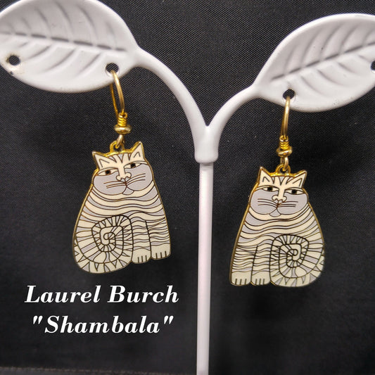 Laurel Burch Shambala Cat Earrings, White Gray Enamel, Gold Plated, 1980s Vintage Jewelry