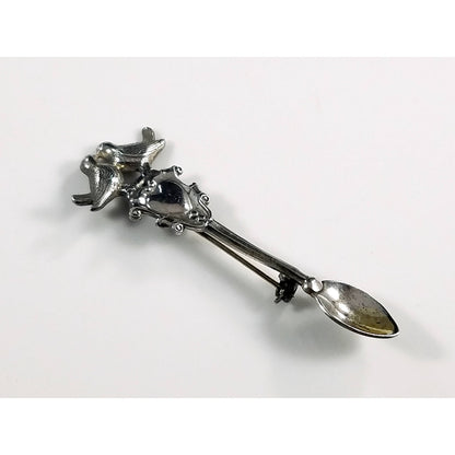 Sterling Silver Love Birds Pin Brooch Signed LANG and STERLING Silver Spoon with Heart and Love Birds Vintage Costume Jewelry from the 1950s