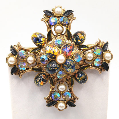 Vintage Maltese Cross Brooch, Foil Cabs, Faux Pearls AB Rhinestones, Vintage Jewelry