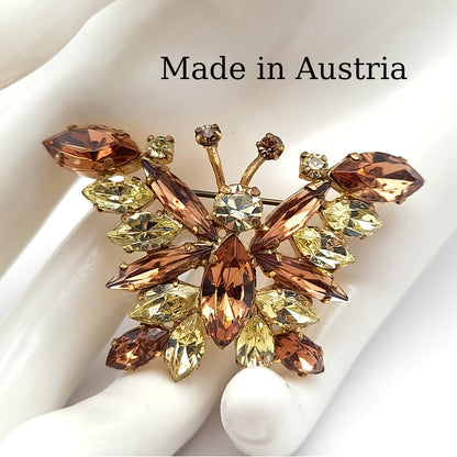 Vintage Austrian Butterfly Brooch - Topaz Crystal Rhinestones