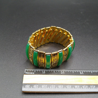 Asian Expansion Wide Bracelet, Green Lucite, Asian Writing, 1960s Vintage Jewelry
