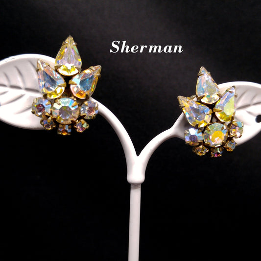 Vintage Sherman Rhinestone Floral Earrings, Screw Back, Aurora Borealis, 1950s