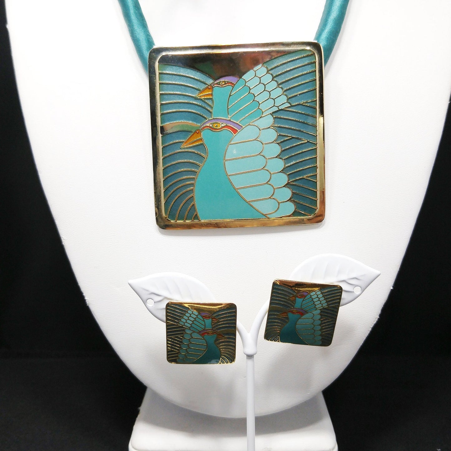 Laurel Burch "Moon Doves" Pendant Necklace & Earrings, Gold Plated, Cloisonné Enamel, 1980s Vintage Jewelry