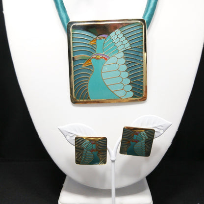 Laurel Burch "Moon Doves" Pendant Necklace & Earrings, Gold Plated, Cloisonné Enamel, 1980s Vintage Jewelry