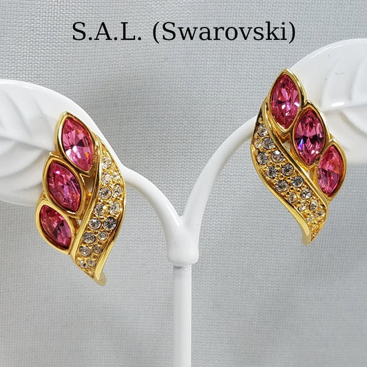 S. A. L. Swarovski Pink Rhinestone Earrings, Gold Plated Post Earrings, 1980s