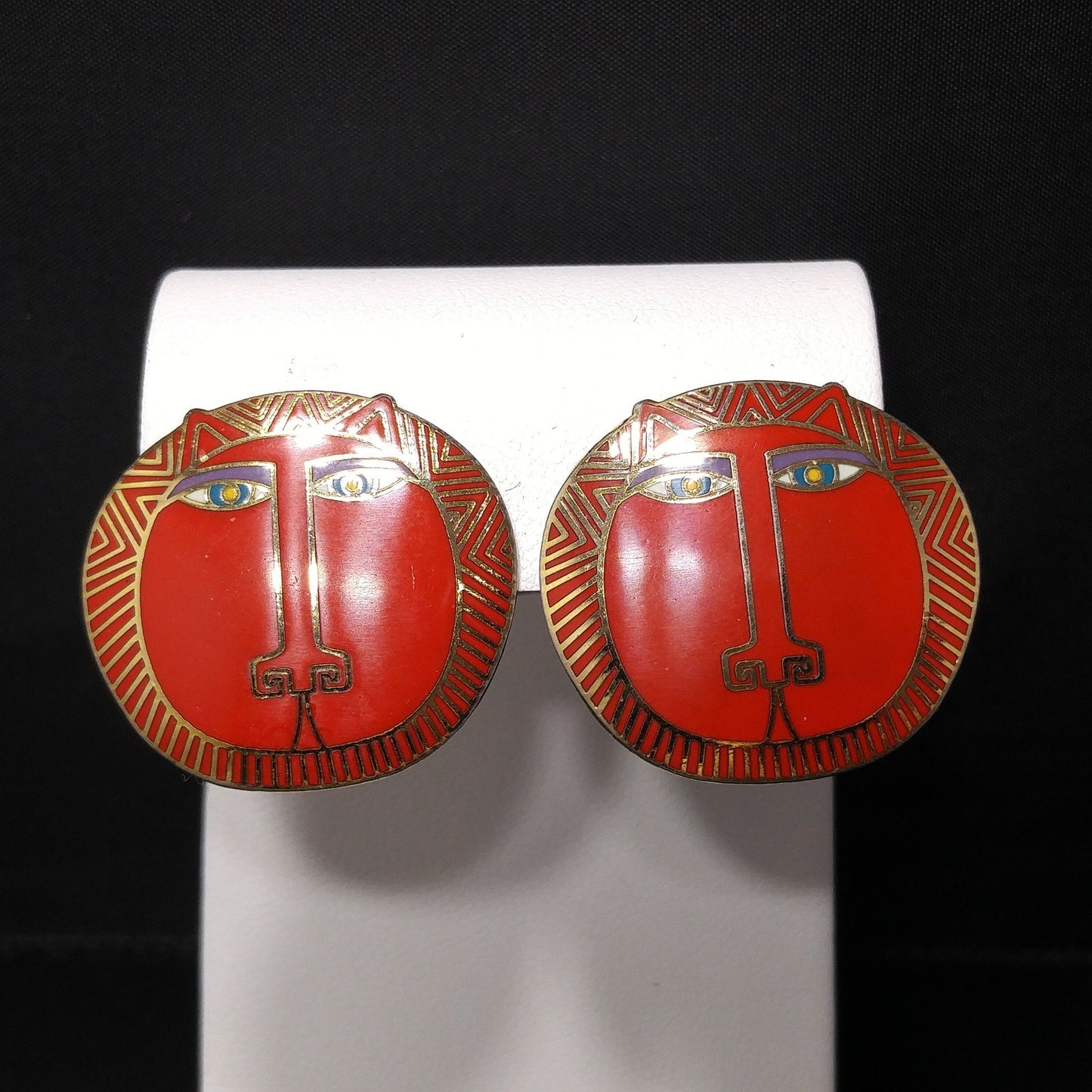 Vintage Laurel Burch "Moon Tiger" Red Post Earrings, Gold Plated