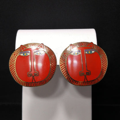 Vintage Laurel Burch "Moon Tiger" Red Post Earrings, Gold Plated