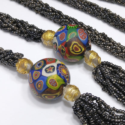 Vintage Art Deco Murano Millefiori Seed Bead Lariat Flapper Necklace, 1920s