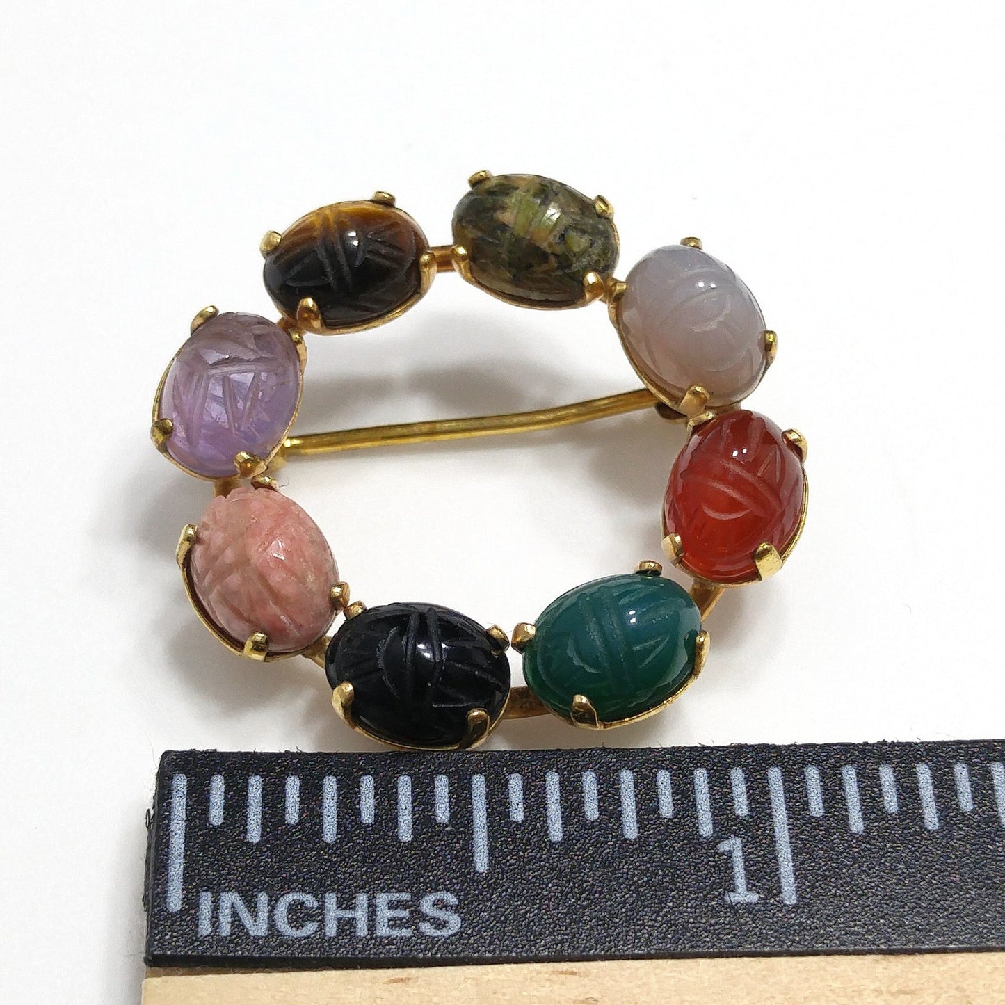 C. C. Gemstone Eight Scarab Brooch, 12K Gold Filled, Garnet Jadeite Quartz, 1950s Vintage Jewelry
