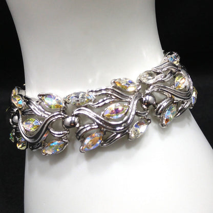 Crown Trifari Wedding Rhinestone Bracelet, Rhodium Plated, Aurora Borealis, 1960s Vintage Jewelry