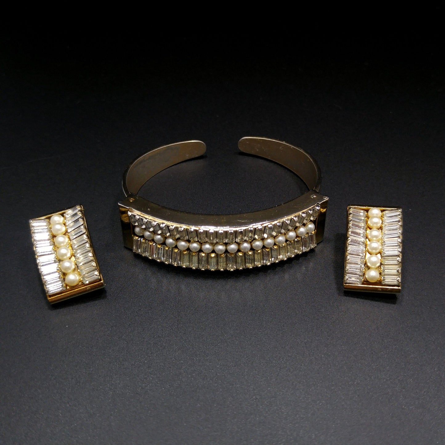 Vintage Leru Baguette Rhinestone & Pearl Cuff Bracelet & Clip Earrings Set 1950s