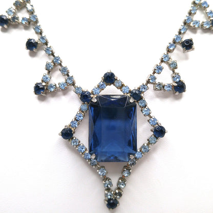 Mid-Century Blue Glass Pendant Necklace, Dark Light Blue Rhinestones, 1950s Vintage Jewelry