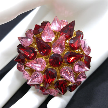 Red & Pink Domed Rhinestone Brooch, Gold Plated Filigree Backing, 1950s Vintage Jewelry