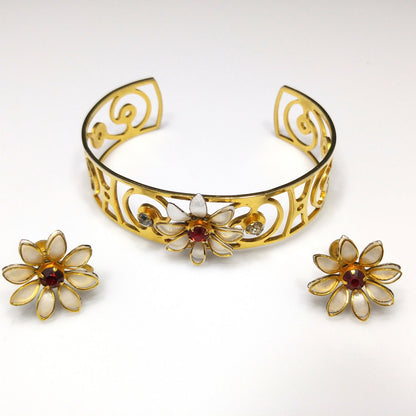 Bugbee & Niles Floral Cuff Bracelet Screw-back Earrings Set, Red Rhinestones, 1940s
