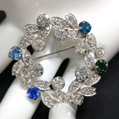 Eisenberg Rhinestone Wreath Brooch, Rhodium Plated, 1950s Vintage Jewelry