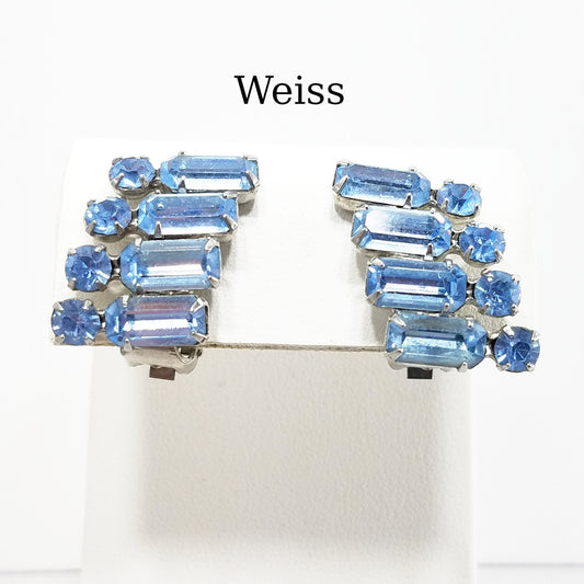 Vintage WEISS Powder Blue Clip Earrings, Silver Tone 1950s Austrian Crystal
