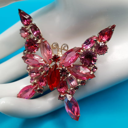 Vintage Weiss Butterfly Brooch, Pink Red Rhinestones, Gold Plated, 1950s Jewelry