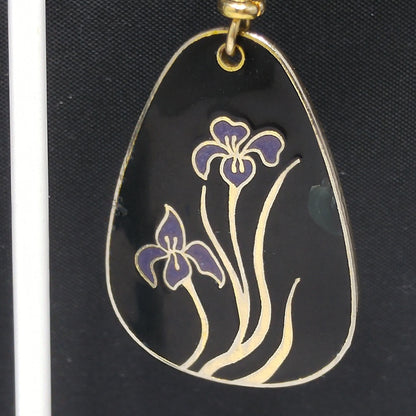 Vintage Laurel Burch Black Enamel Purple Lily Earrings, Gold Plated