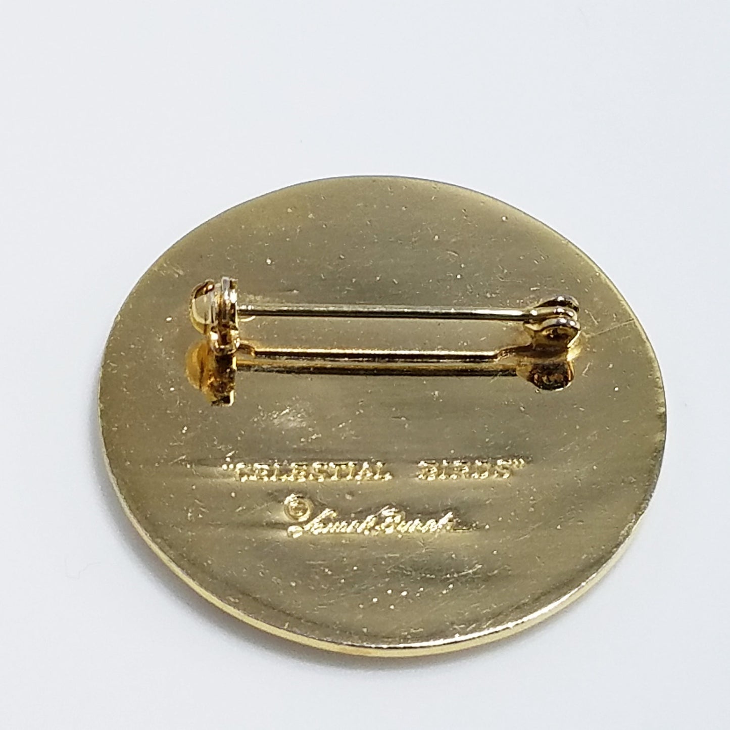 Vintage Laurel Burch Celestial Birds Brooch, Gold Plated Cloisonne, 1980s