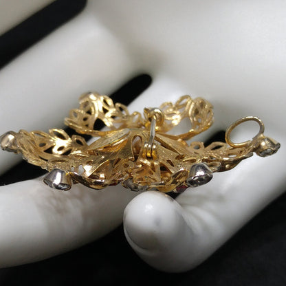 Scitarelli Mid-century Pink Clear Rhinestone Floral Brooch Pendant, 1950s Vintage Jewelry