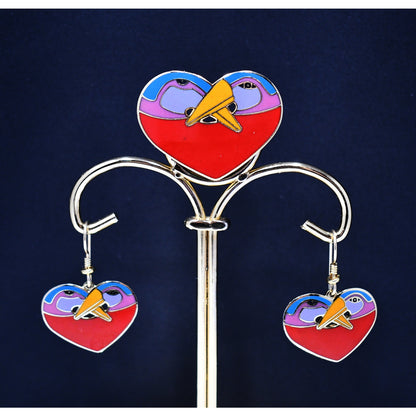 Laurel Burch "Bird Heart" Red Brooch & Earrings, Gold Plated Cloisonne Enamel, 1980s Vintage Jewelry