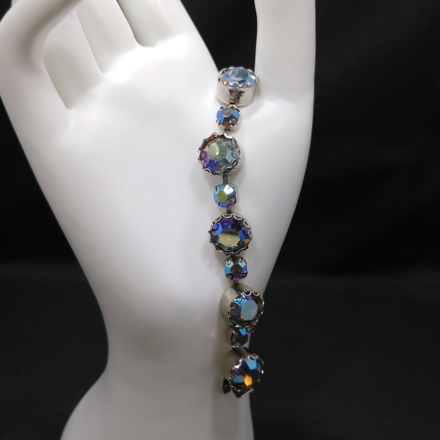 Blue Aurora Borealis Rhinestone Bracelet, Gold Plated, 1960s Vintage Jewelry