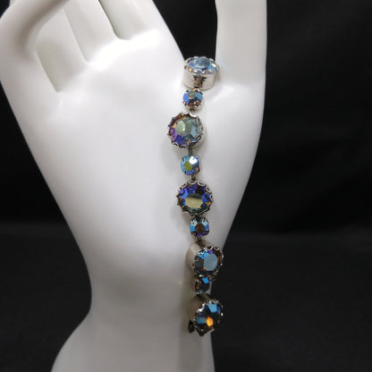 Blue Aurora Borealis Rhinestone Bracelet, Gold Plated, 1960s Vintage Jewelry