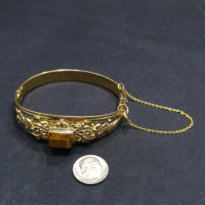 Gemstone Filigree Hinged Bracelet, Safety Chain, 1940s Vintage Jewelry