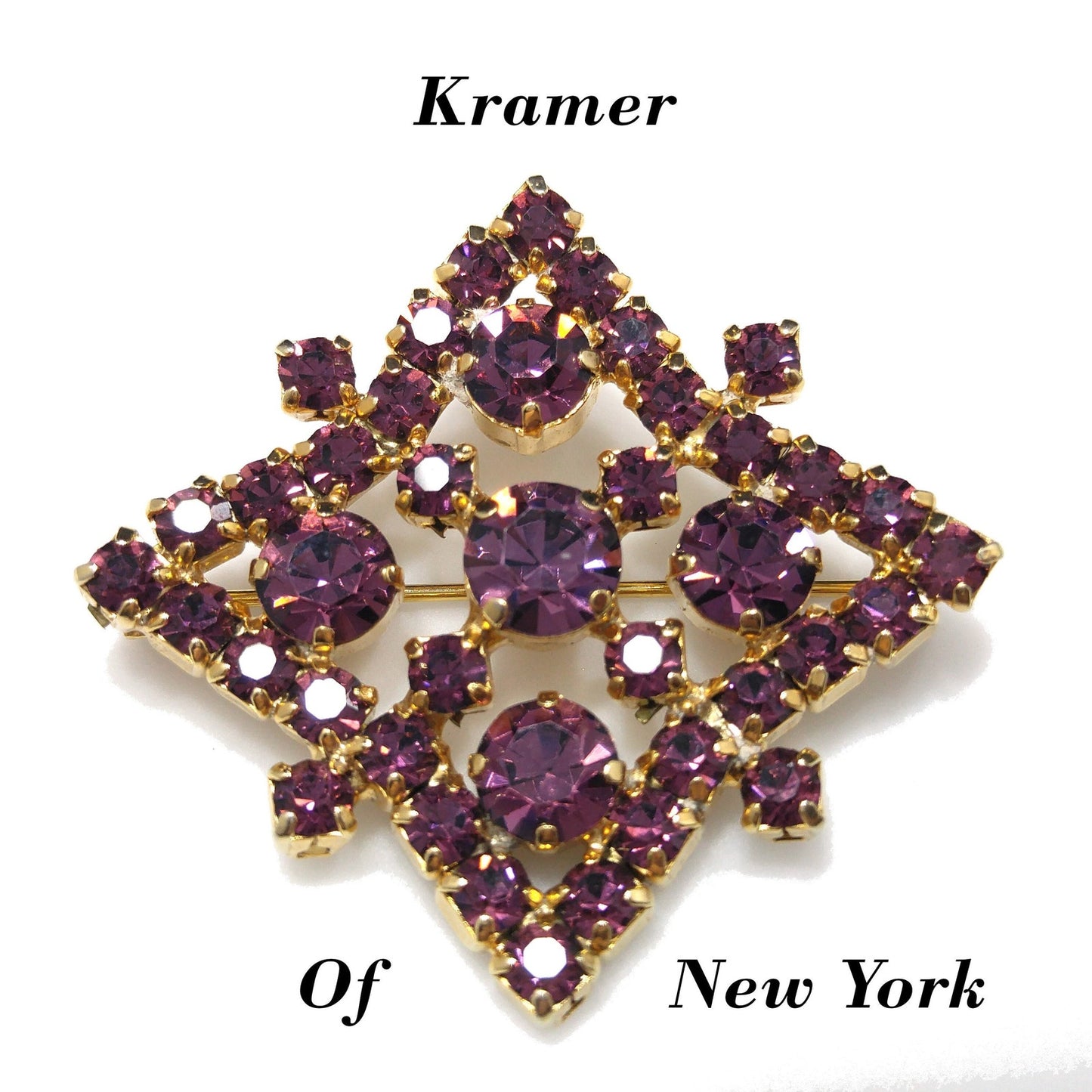 Kramer of New York Purple Rhinestone Brooch, Gold Plated, 1960s Vintage Jewelry