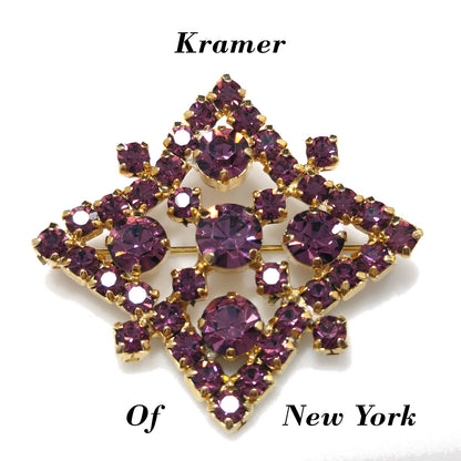 Kramer of New York Purple Rhinestone Brooch, Gold Plated, 1960s Vintage Jewelry