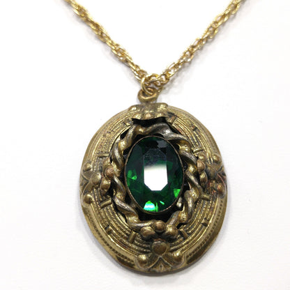 Antique Green Czech Glass Filigree Pendant, Mid Century Chain, 1920s Pendant Jewelry
