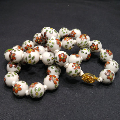 Vintage Ceramic Hand Painted Bead Necklace, Chinese Import, Hand-Knotted, 1960s