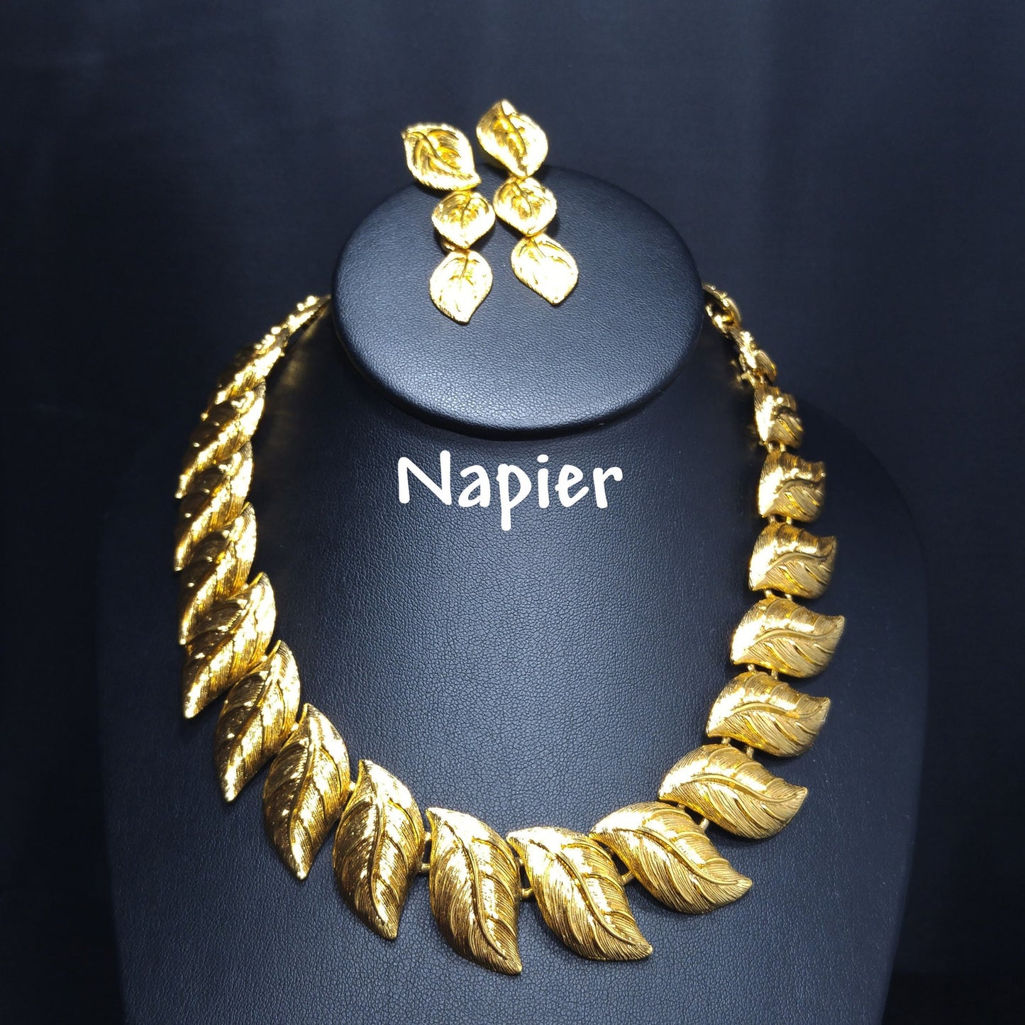 Napier Leaf Necklace and Drop Earrings, Post Earrings, Gold Plated, 1980s