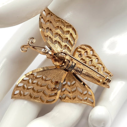 Vintage Gold Butterfly Brooch, Articulated Wings, Filigree Mid-Century Jewelry