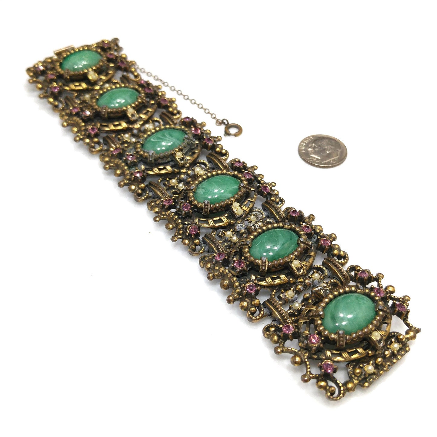 Victorian Style Faux Jade Wide Bracelet, Unsigned Joseff of Hollywood, 1940s Vintage Jewelry